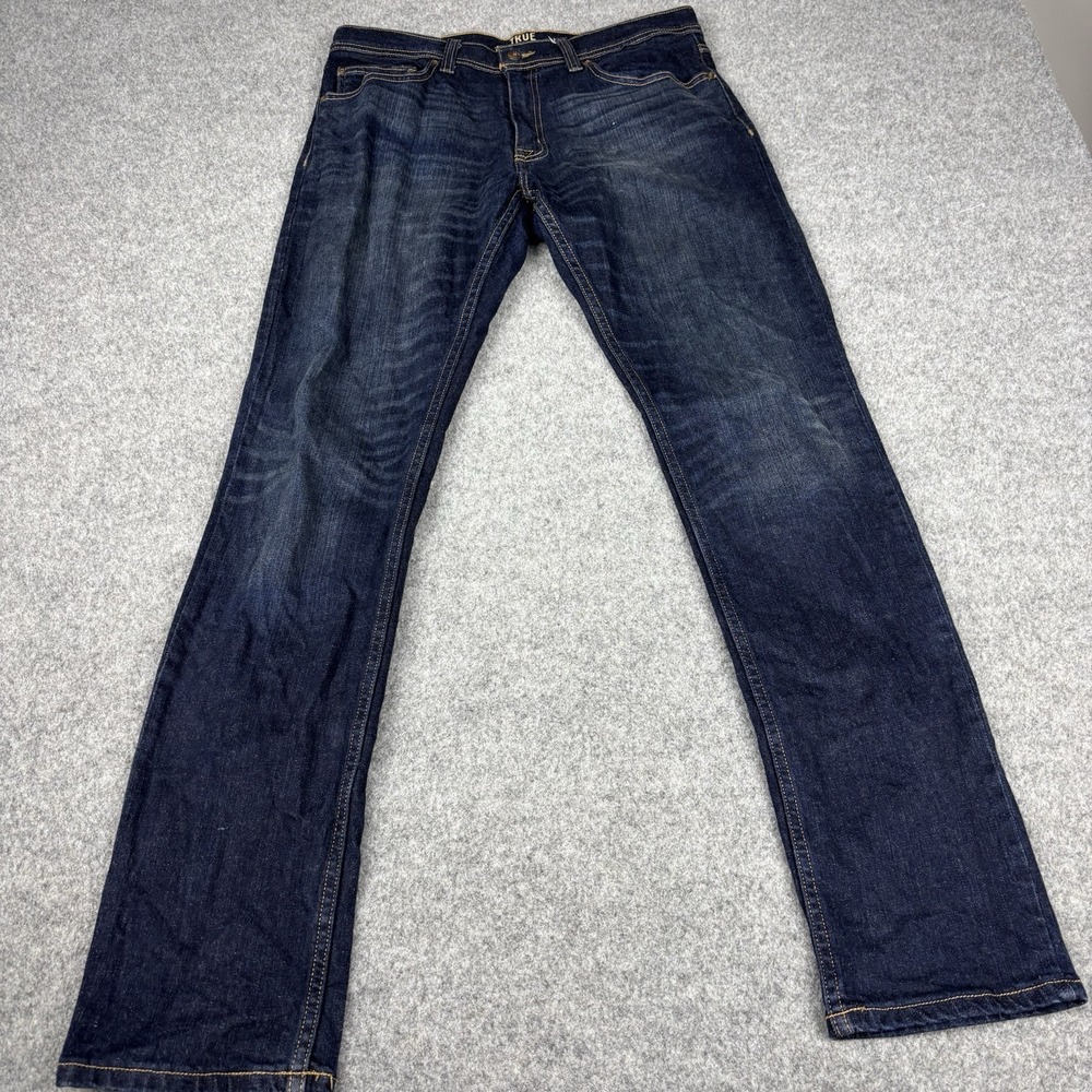 True Craft Jeans Mens 34x34 Slim Fit Dark Wash Y2K Faded Blue Denim Casual EUC